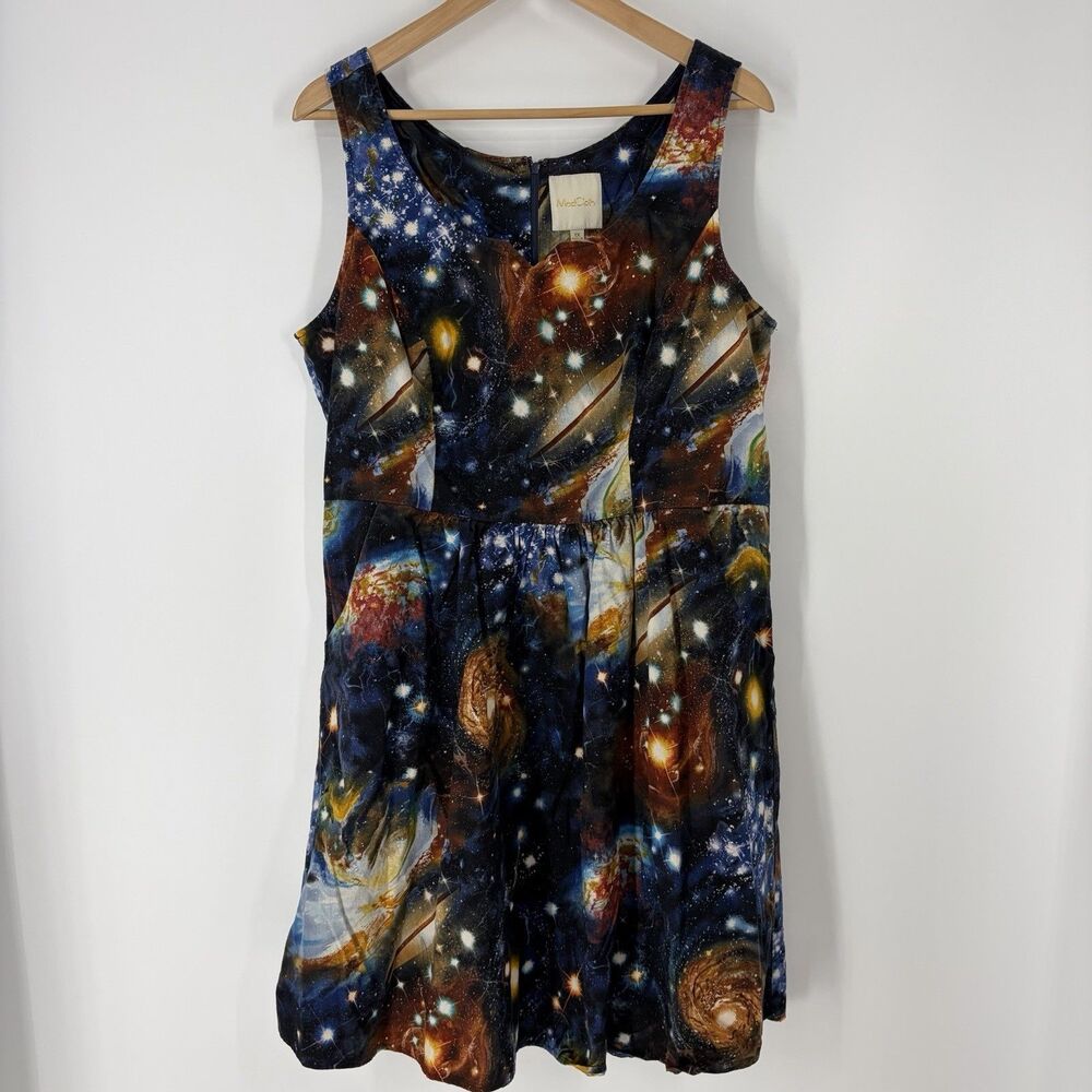 Modcloth Dress Size 1X Navy Galaxy Print Fit Flare Space Pinup Twirl Pockets